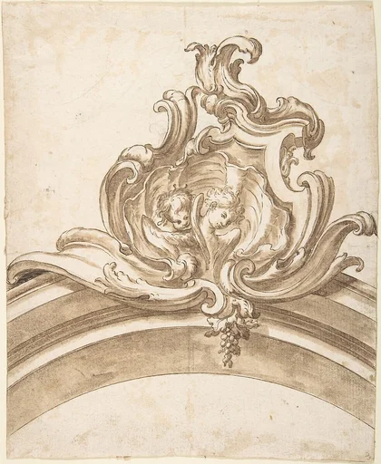 Design for a Cartouche with Two Putti Heads inside a Shell, Atop of an Arch