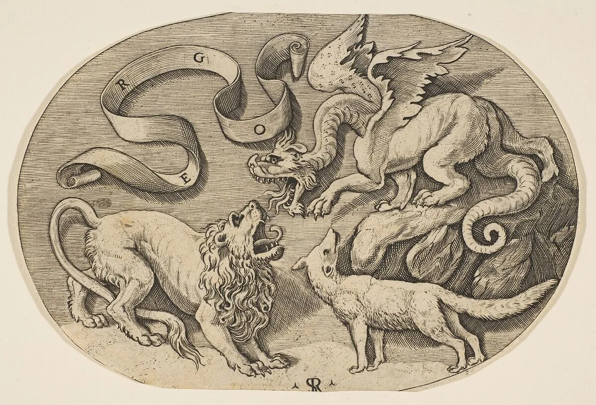 A lion, dragon and fox fighting each other, an inscribed banderole above, an oval composition — Marco Dente