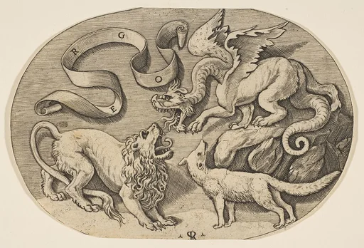 A lion, dragon and fox fighting each other, an inscribed banderole above, an oval composition