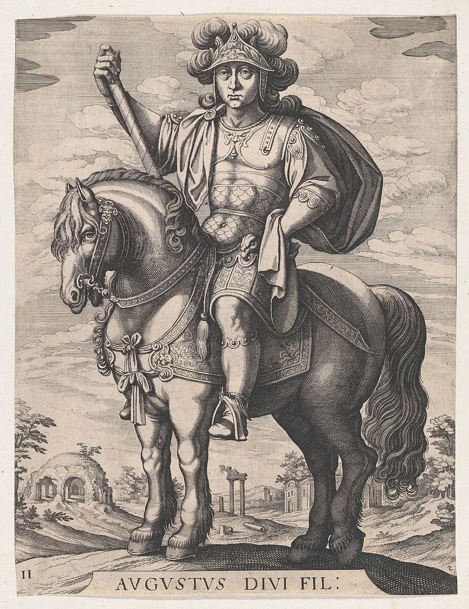 Plate 2: Emperor Augustus on Horseback, from 'The First Twelve Roman Caesars', after Tempesta — Antonio Tempesta|Matthäus Merian the Elder