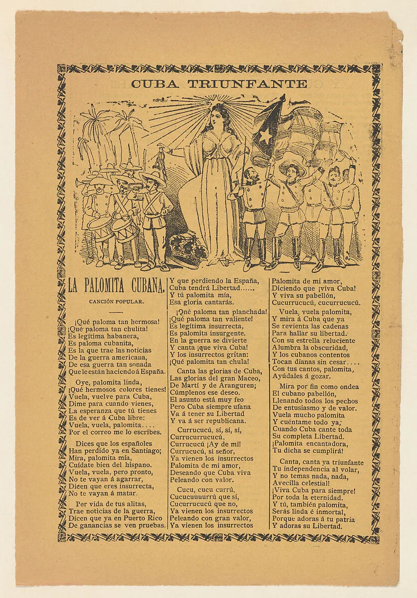 Broadside celebrating Cuba's victory over Spain in the Spanish American War, soldiers holding the Cuban flag and flanking the alleogorical figure of Cuba — José Guadalupe Posada|Antonio Vanegas Arroyo