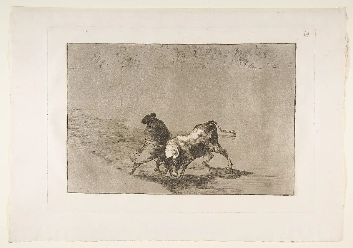 Plate 14 from "La Tauromaquia": The very skillful student of Falces, wrapped in his cape, tricks the bull with the play of his body — Goya (Francisco de Goya y Lucientes)