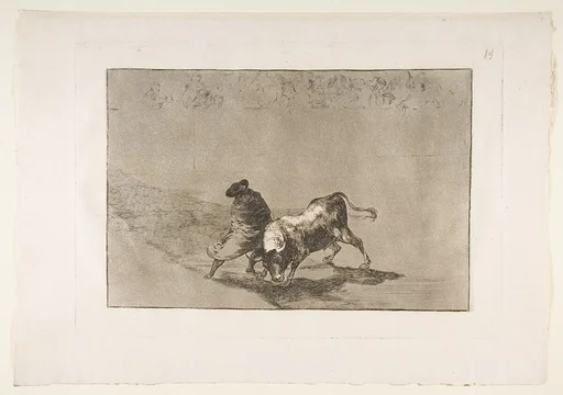 Plate 14 from "La Tauromaquia": The very skillful student of Falces, wrapped in his cape, tricks the bull with the play of his body