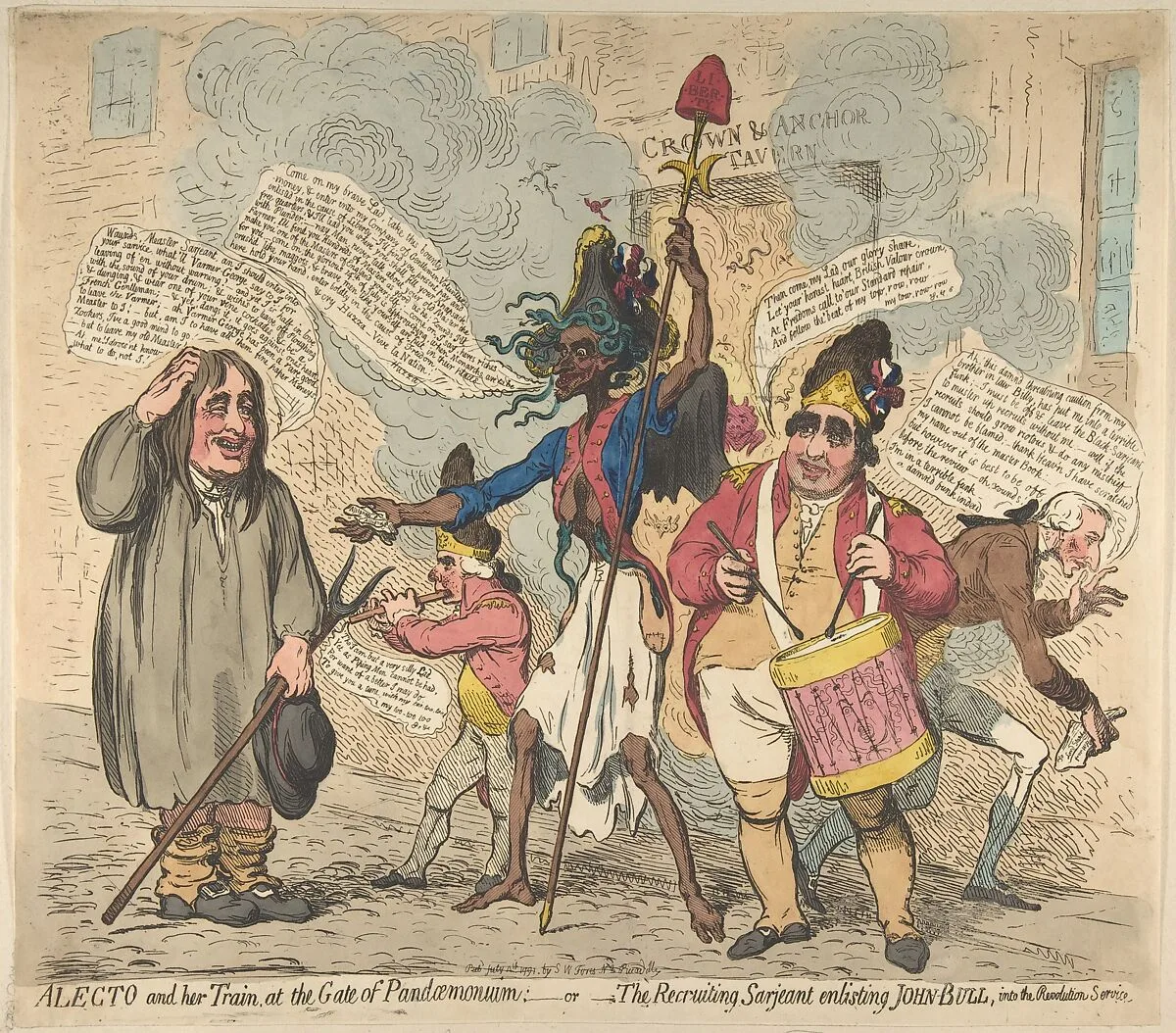 Alecto and Her Train, at the Gate of Pandaemonium:–or–The Recruiting Sarjeant Enlisting John Bull, Into the Revolution Service — James Gillray|S. W. Fores