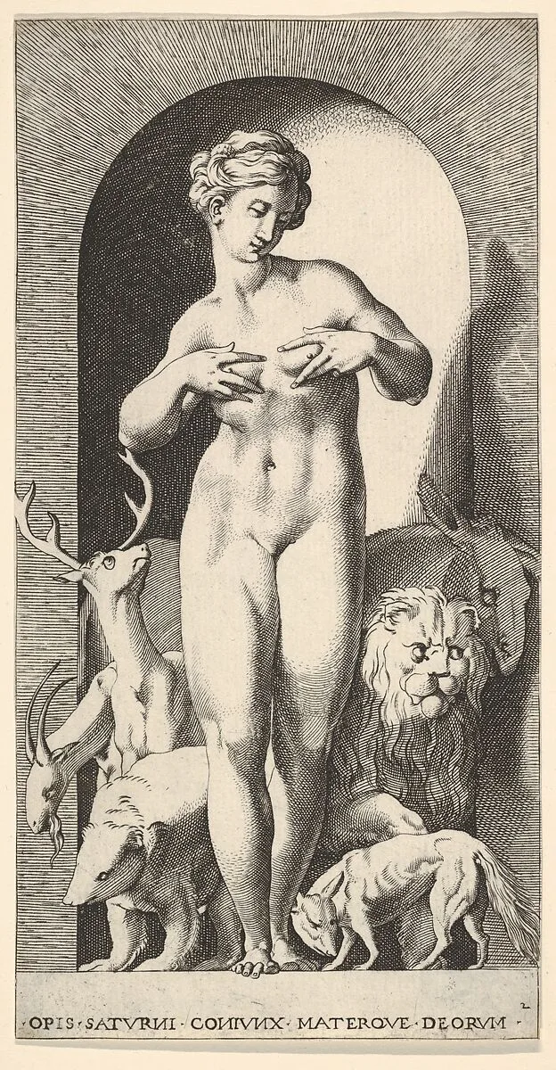 Plate 2: Ops standing in a niche with her hands at her breasts, looking to her left, with animals behind her, from "Mythological Gods and Goddesses" — Giovanni Jacopo Caraglio|Rosso Fiorentino