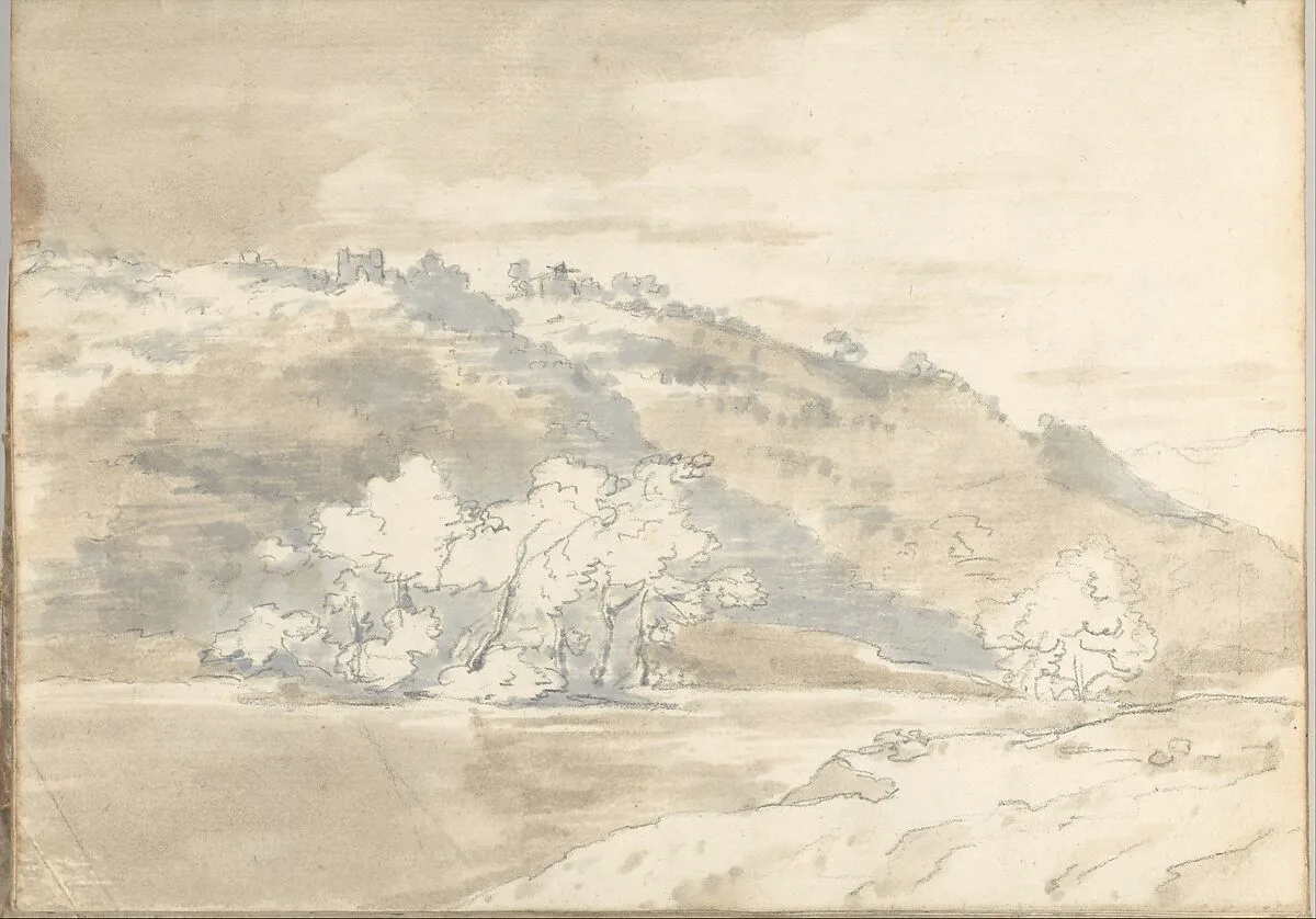 Landscape with Building on a Distant Hill (Smaller Italian Sketchbook, leaf 33 recto) — Joseph Wright (Wright of Derby)
