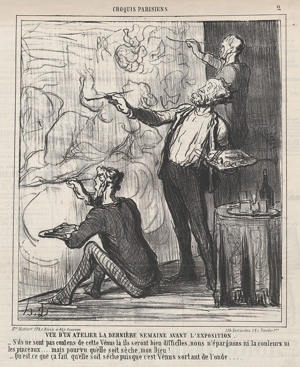 View of a studio the final week before the exhibition, from 'Parisian sketches,' published in Le Charivari, April 1, 1864 — Destouches|Honoré Daumier|Aaron Martinet