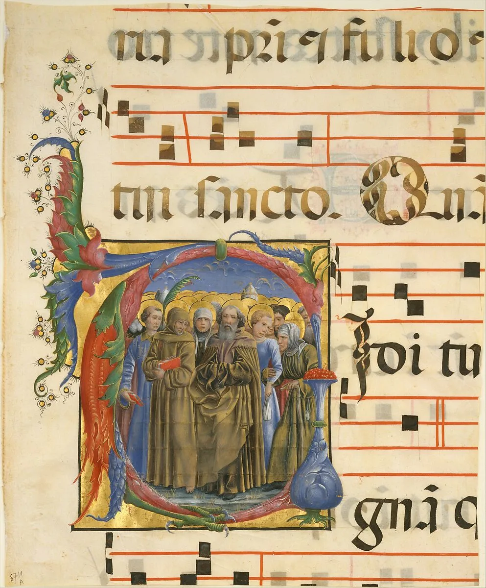 Manuscript Illumination with All Saints in an Initial V, from an Antiphonary — Cosmè Tura (Cosimo di Domenico di Bonaventura)