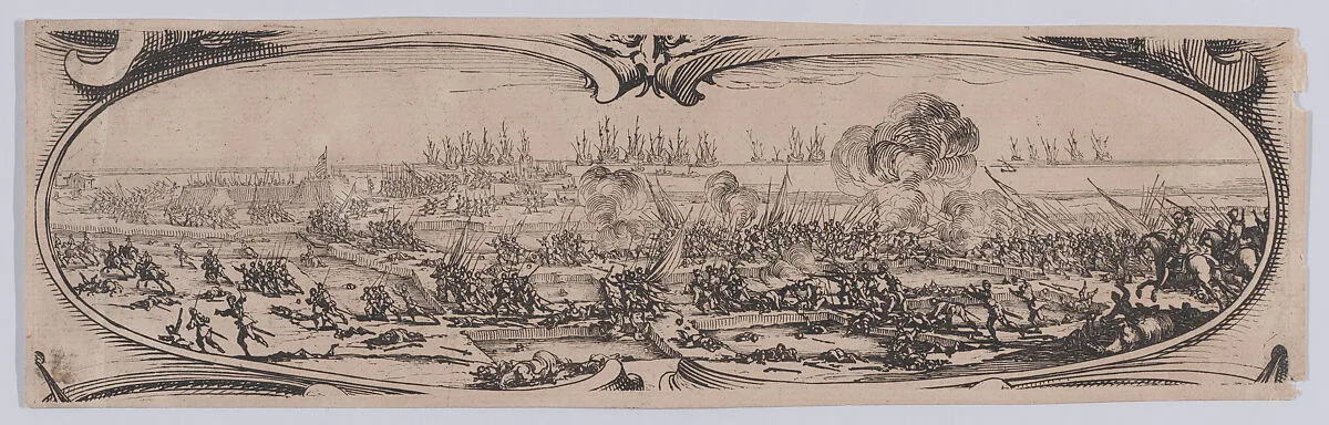 Border at Lower Right: Défaite des Anglais (Defeat of the English), from an etching on six plates of a central battle scene framed by ten additional plates, entitled Siège de la Citadelle de St-Martin dans l'Île de Ré (Siege of the Citadel of St. Martin on the Île de Ré) — Jacques Callot|Abraham Bosse