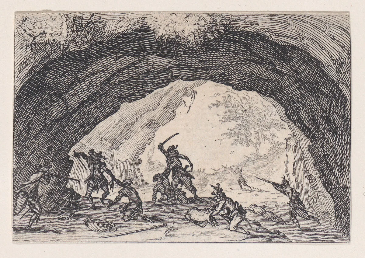 La Caverne de Brigands (The Cave of Thieves), from Les Caprices Series A, The Florence Set — Jacques Callot|Lorenzo de' Medici