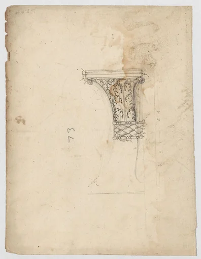 S. Maria in Trastevere, Ionic capital, side elevation (recto); Unidentified, Ionic capital volute, construction diagram (verso)