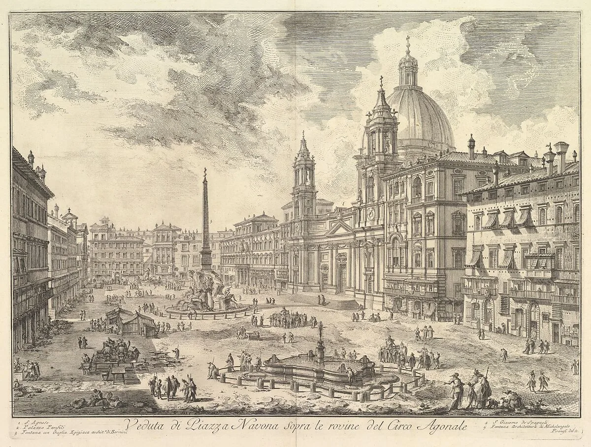 The Piazza Navona, Rome, above the ruins of the Circus of Domitian, the Church of Sant Agnese to the right, Bernini's fountain in the center, from "Vedute di Roma" — Giovanni Battista Piranesi