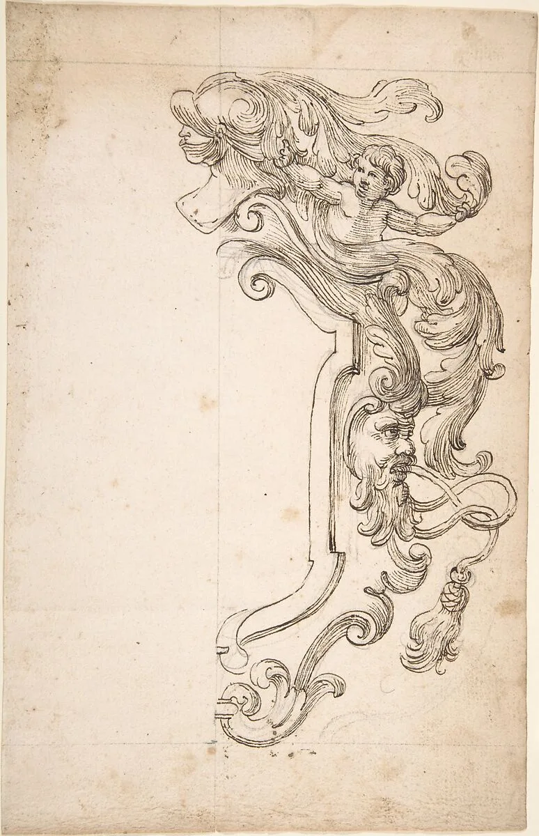 Design for Half of Frame with Helm, Putti, Mask — Anonymous, Italian, 17th century