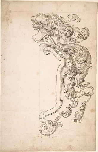 Design for Half of Frame with Helm, Putti, Mask
