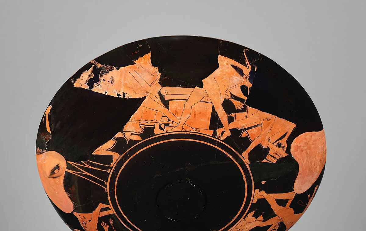 Eight fragments of a terracotta kylix, joining 12.231.2 — Onesimos|Euphronios