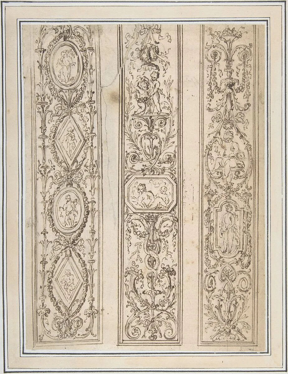 Design for Three Upright Panels of Ornament Arabesques — Anonymous, French, 18th century