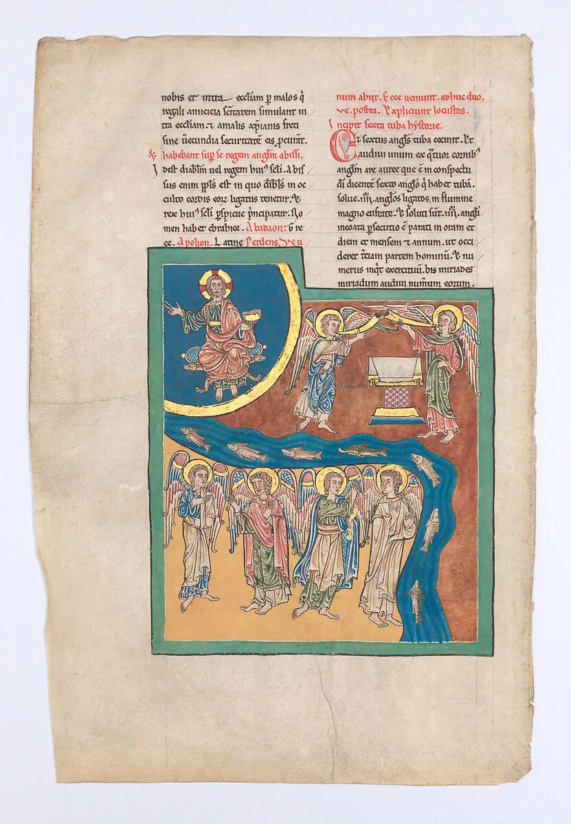 Leaf from a Beatus Manuscript: the Sixth Angel Delivers the Four Angels that had been Bound at the River Euphrates; an Altar Appears in the Heavens as the Enthroned Christ Raises His Hand in Blessing — Unknown