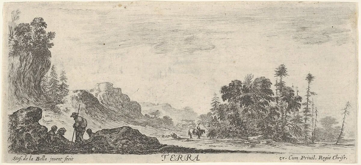 Earth, four figures in foreground to left, hills to left in the background, many trees to right in the background, a horseman in center in the background, from 'The four elements' (Les quatre Eléments) — Stefano della Bella