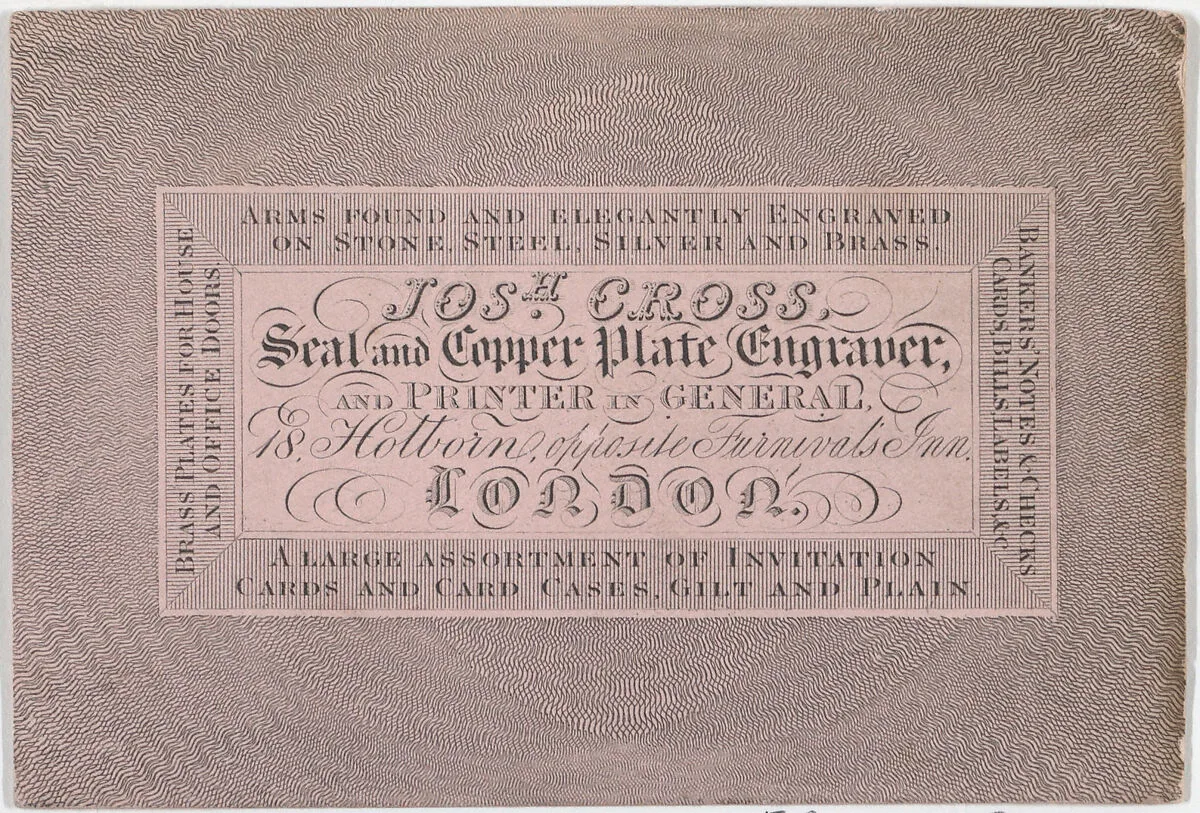 Trade Card for Joshua Cross, Seal and Copper Plate Engraver — Anonymous, British, 19th century