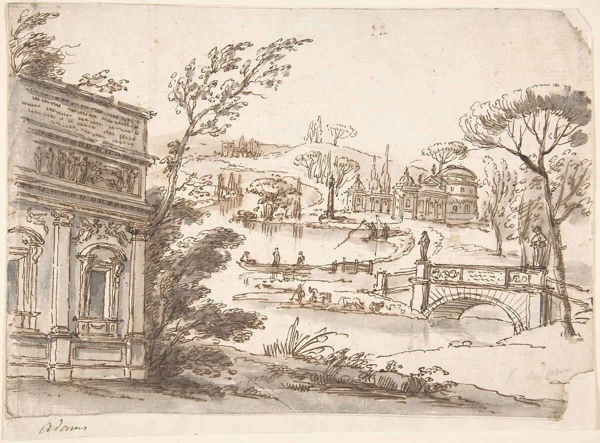 Classical Landscape with Temples (recto); Indecipherable sketch, possibly of a seated figure (verso) — Robert Adam