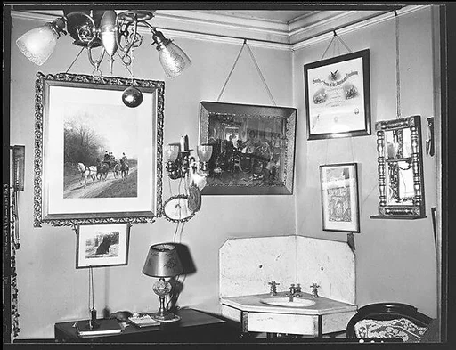[Interior Detail Showing Corner Sink and Pictures on Wall, Storrs House, Hartford, Connecticut]