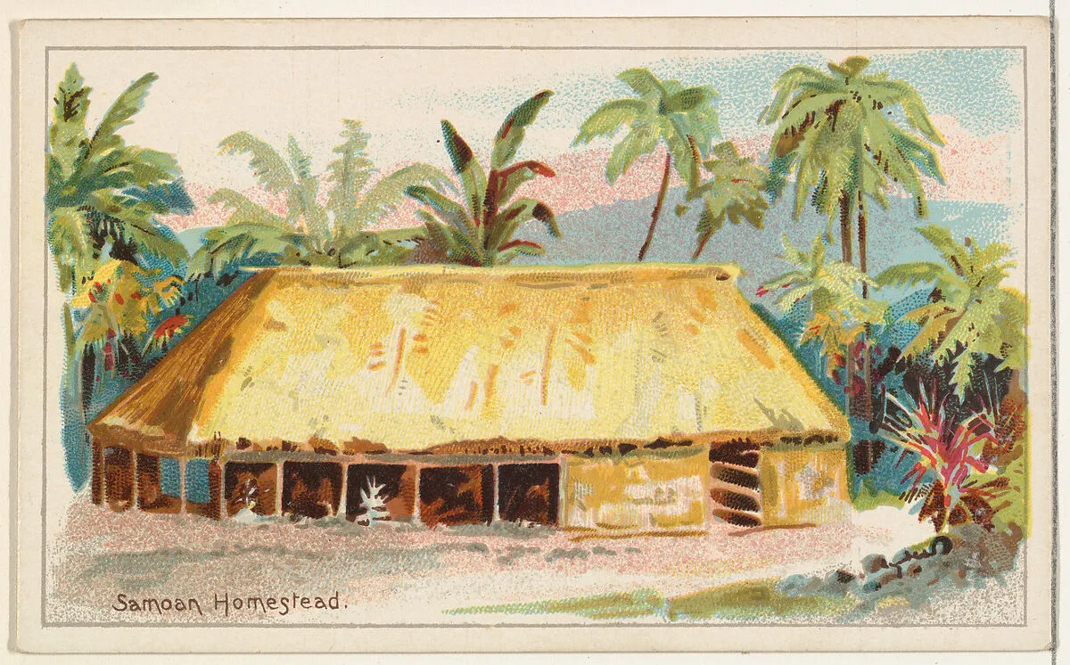 Samoan Homestead, from the Habitations of Man series (N113) issued by W. Duke, Sons & Co. to promote Honest Long Cut Smoking and Chewing Tobacco — The Giles Company|W. Duke, Sons & Co.|American Tobacco Company