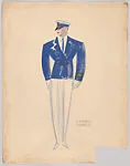Drawing for a man's theatrical costume with yachting hat and blue jacket with golden trimmings — Vincente Minnelli