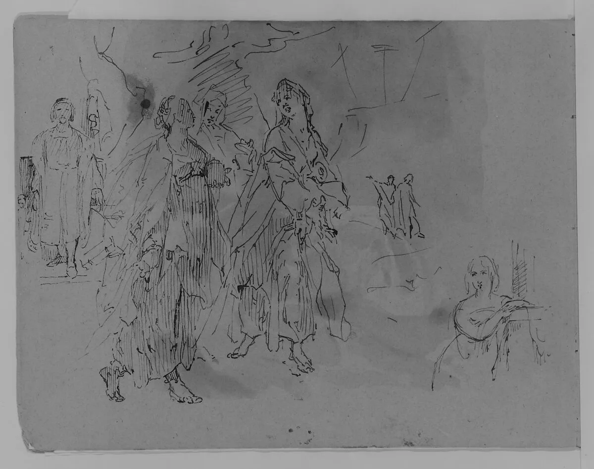 Seven Figures: Advancing Monarch, Three Promenading Women, Half-length Woman Leaning on a Mantelpiece (from Sketchbook) — Thomas Sully