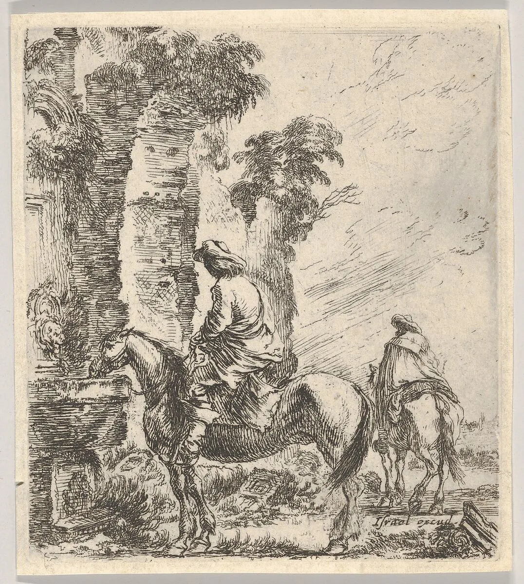 Plate 19: a rider making his horse drink from a basin of a fountain at left, another horseman seen from behind riding towards the left in the background, from 'Various figures and doodles' (Diverses figures et griffonnemens) — Stefano della Bella|Israël Henriet