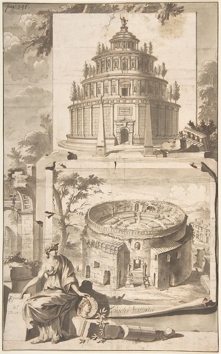 A Reconstruction of the Mausoleum of Augustus (above) and a View of the Ruins (below) — Jan Goeree