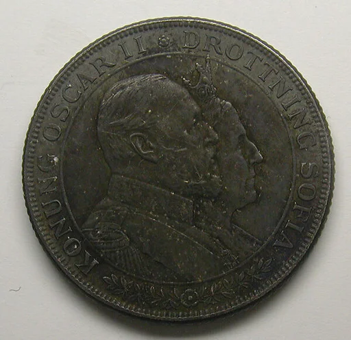 Jubilee 2 crown-piece of Oscar II of Sweden, 1907