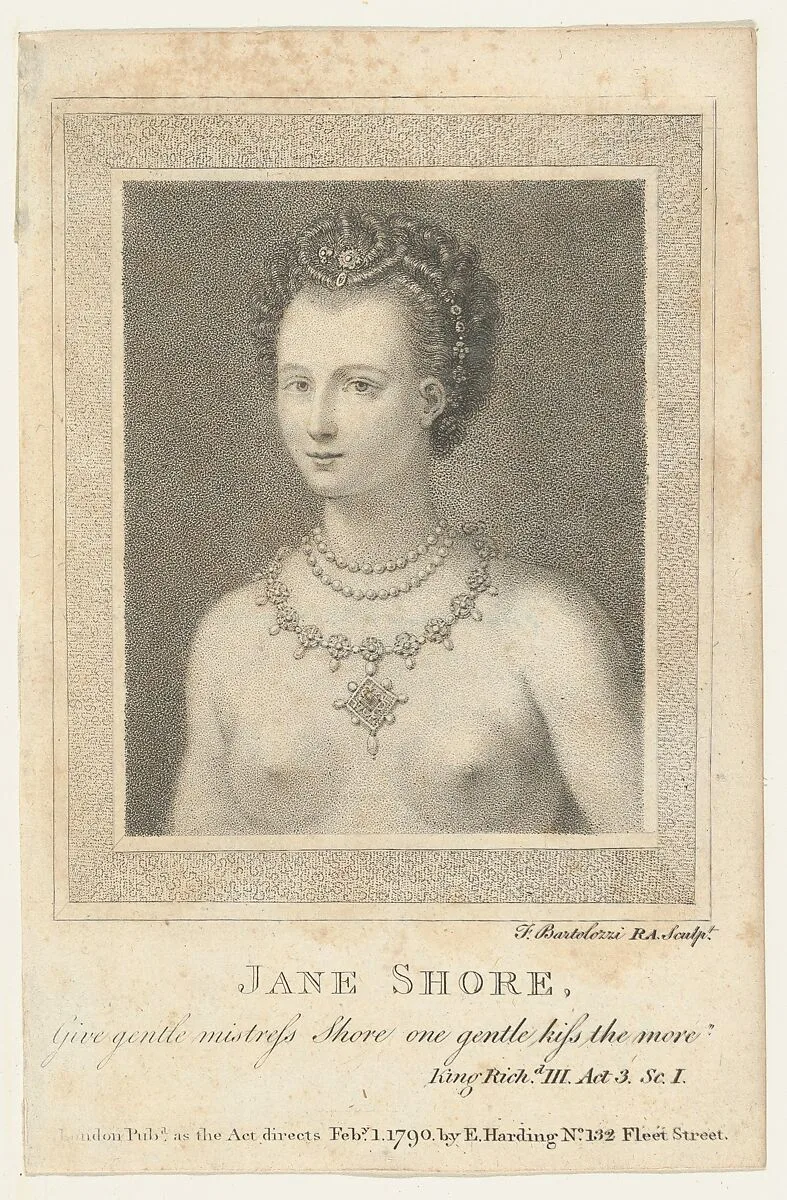 Jane Shore: "Give gentle mistress Shore one gentle kiss the more (Shakespeare, Richard III, Act 3, scene 1) — Francesco Bartolozzi|Edward Harding|Jane Shore|Sylvester Harding|William Shakespeare