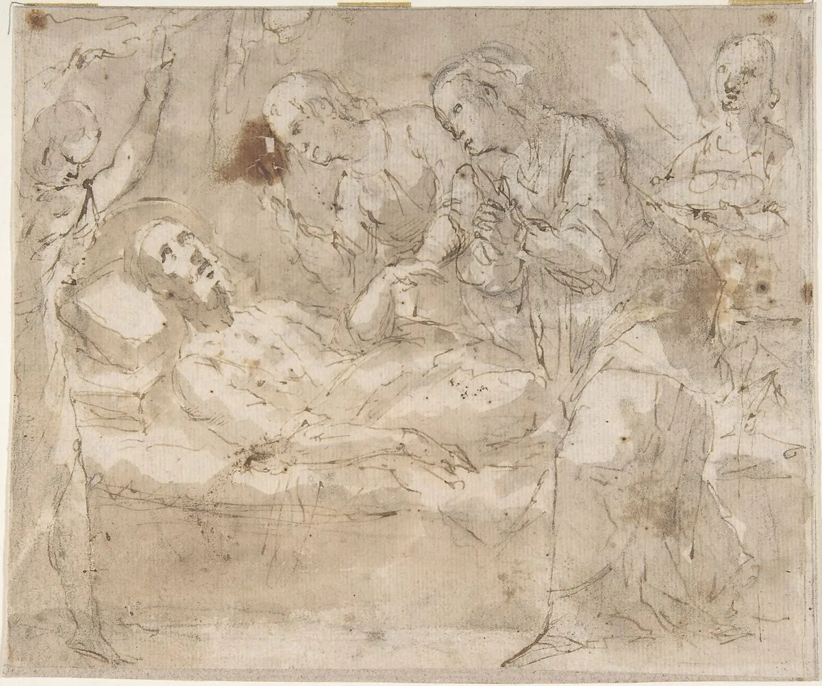 Death of a Male Saint (Joseph?) with Four Secondary Figures — Anonymous, Spanish, School of Seville, 17th century