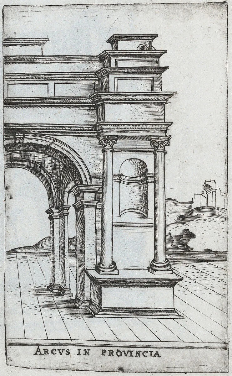 Arcus S. Georgii, from a Series of Prints depicting (reconstructed) Buildings from Roman Antiquity — Monogrammist G.A. & the Caltrop