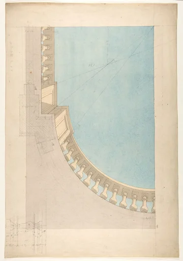 Perspectival study for one quadrant of a ceiling design including a trompe l'oeil balustrade
