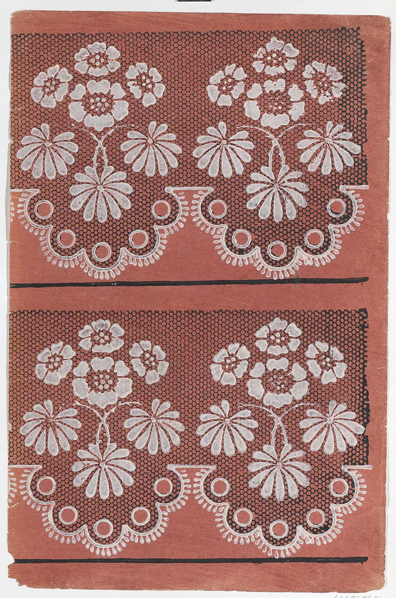 Red sheet with two borders with a white floral pattern atop a black lace pattern — Anonymous|Remondini Family