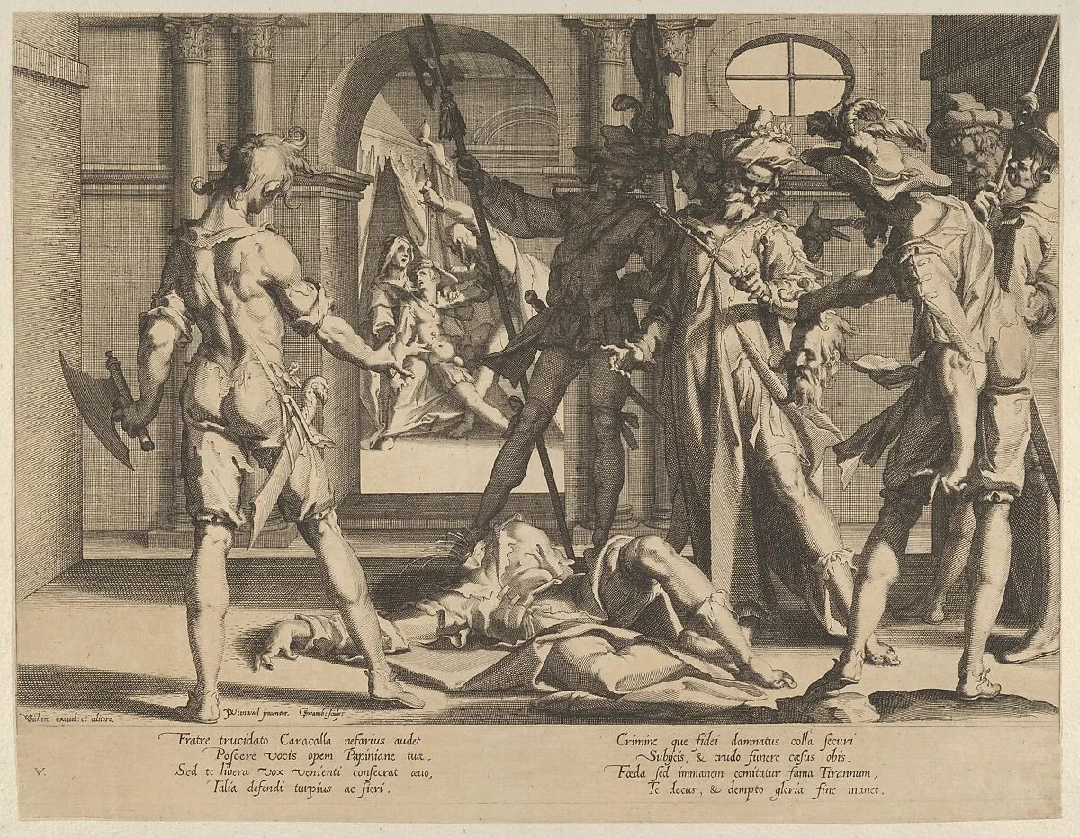 The Behading of the Roman Judge Papinian, from Thronus Justitiae, tredecim pulcherrimus tabulis..., plate 5 — Joachim Wtewael|Willem van Swanenburg|Christoffel van Sichem I