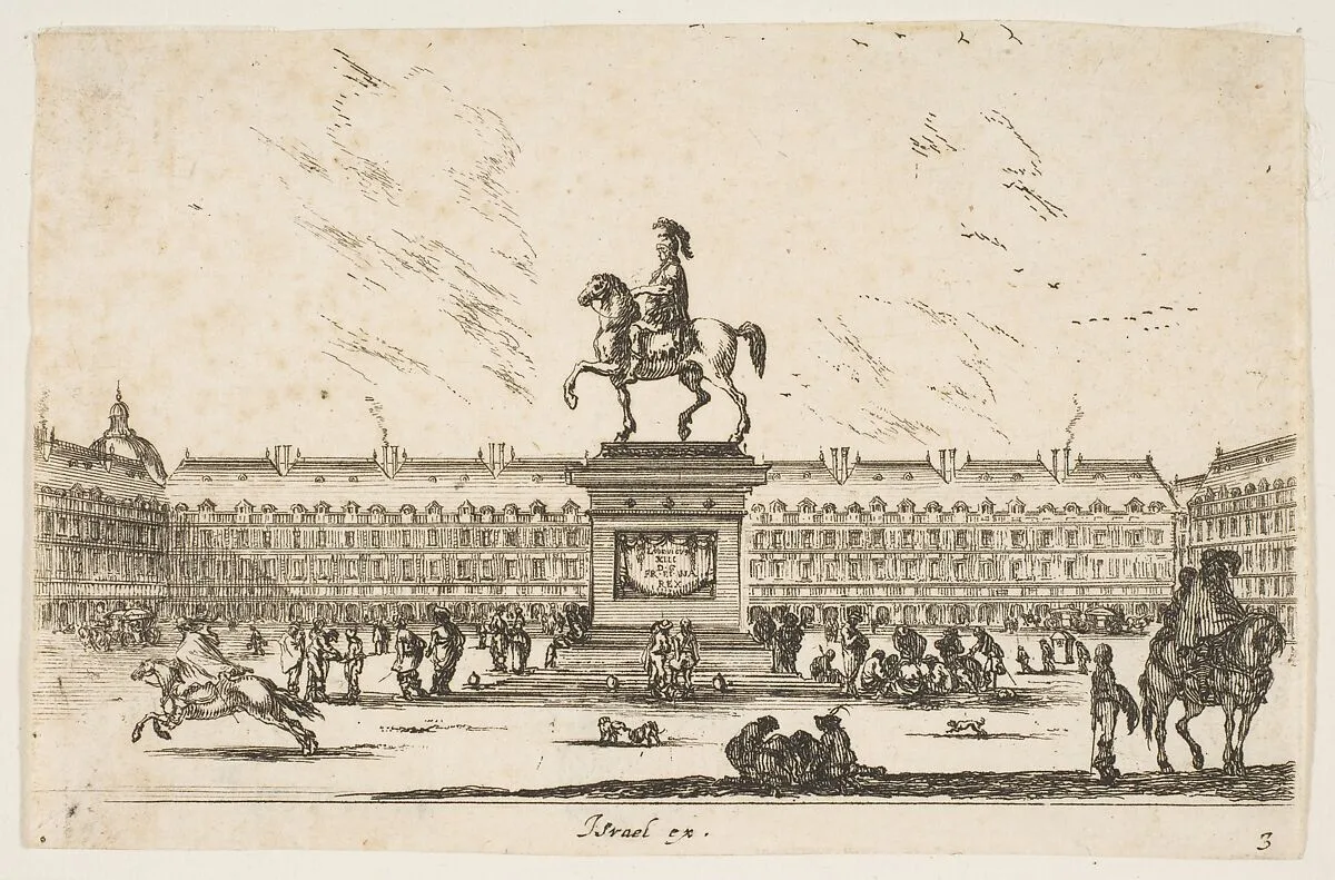 La Place Royale, equestrian statue of Louis XIII in profile facing the left in center, various horsemen and figures in background, plate 3 from "Various Figures" (Agréable diversité de figures) — Stefano della Bella|Israël Henriet