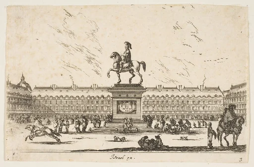 La Place Royale, equestrian statue of Louis XIII in profile facing the left in center, various horsemen and figures in background, plate 3 from "Various Figures" (Agréable diversité de figures)