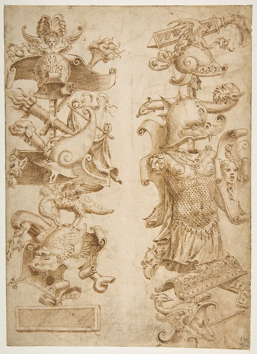 Designs for Ornamental Military Trophies (recto and verso) — Enea Vico