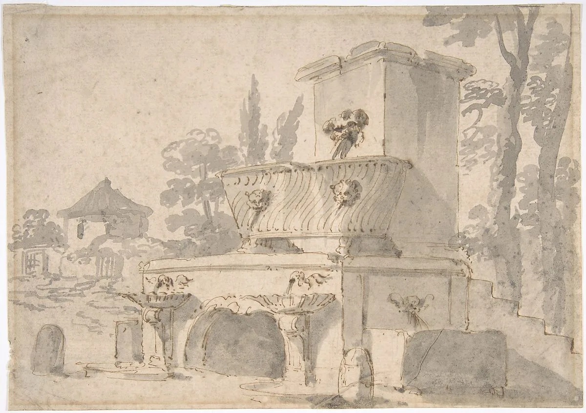 Venetian Capriccio: Landscape with a Farm Building, Sarcophagus, and Fountain (recto); Monument (verso) — Giuseppe Bernardino Bison