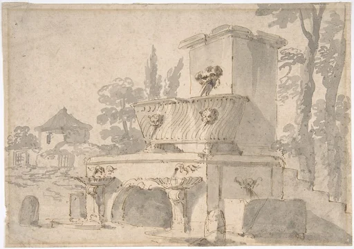 Venetian Capriccio: Landscape with a Farm Building, Sarcophagus, and Fountain (recto);  Monument (verso)
