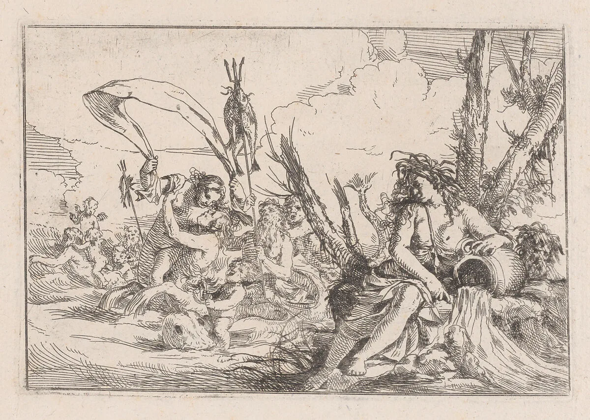 Water, represented by a naiad seated at the base of a tree and resting her arm on a supine urn from which water flows, behind her a triton and other inhabitants of the sea rise from the water surface, from "The Elements" — Giulio Carpioni