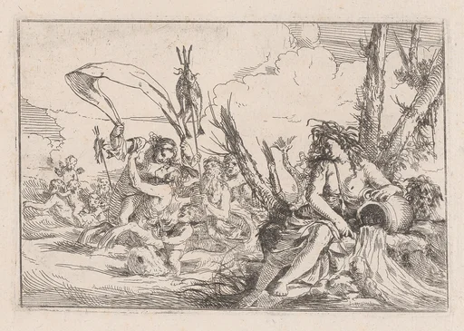 Water, represented by a naiad seated at the base of a tree and resting her arm on a supine urn from which water flows, behind her a triton and other inhabitants of the sea rise from the water surface, from "The Elements"