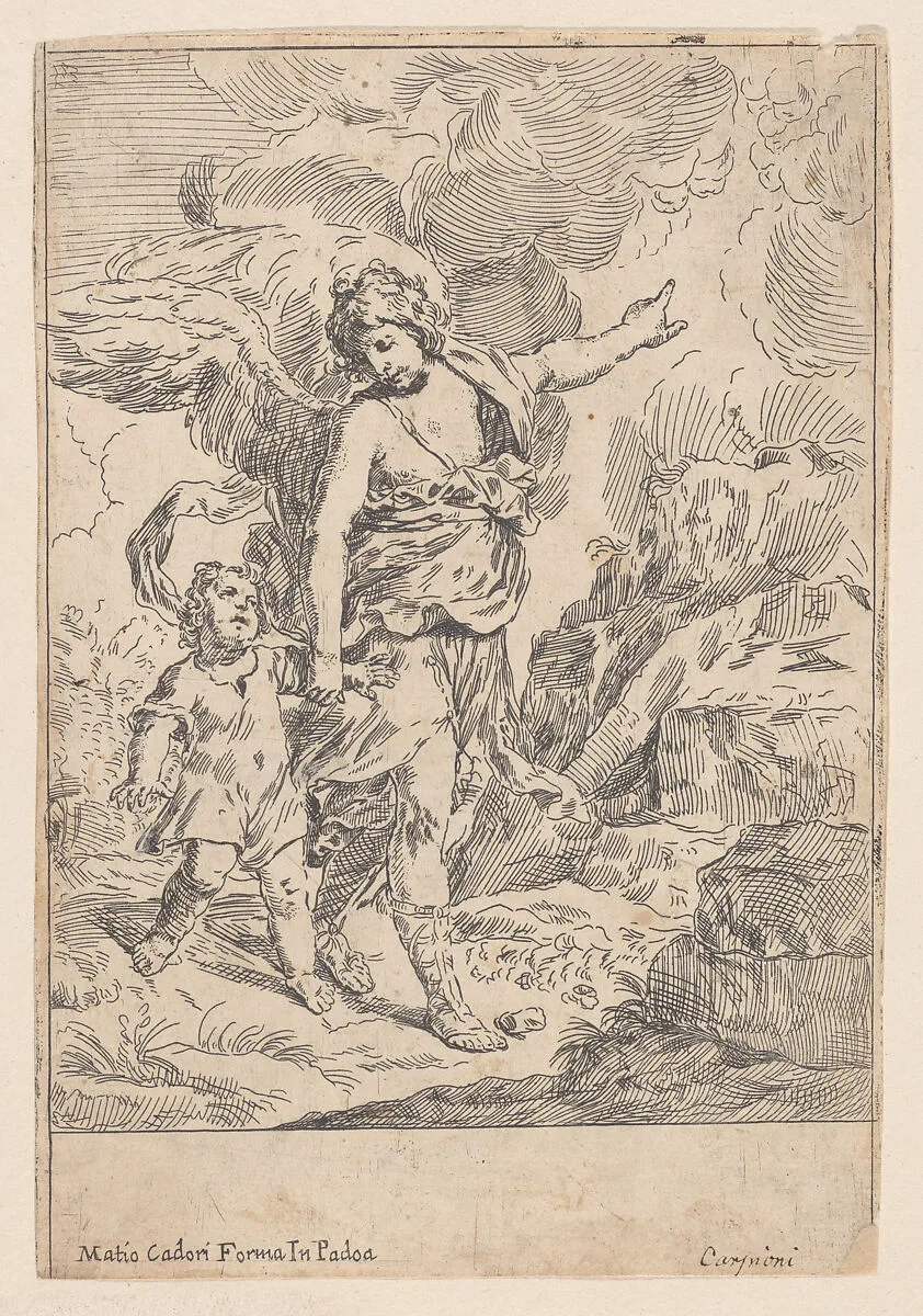 A guardian angel walking hand in hand with a young child — Giulio Carpioni|Matteo Cadorin|Simone Cantarini