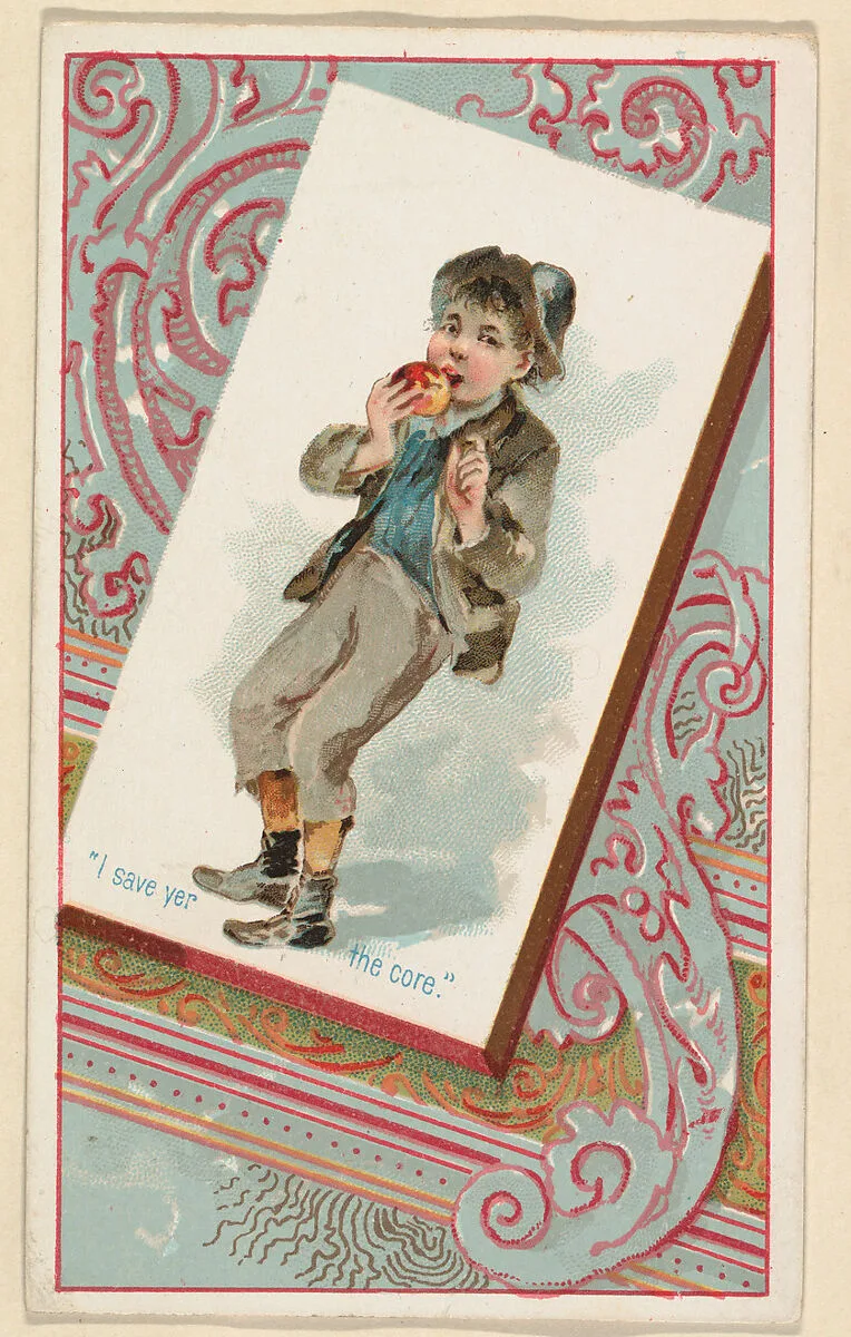 "I save yer the core," from the Terrors of America set (N136) issued by Duke Sons & Co. to promote Honest Long Cut Tobacco — Knapp & Company|W. Duke, Sons & Co.