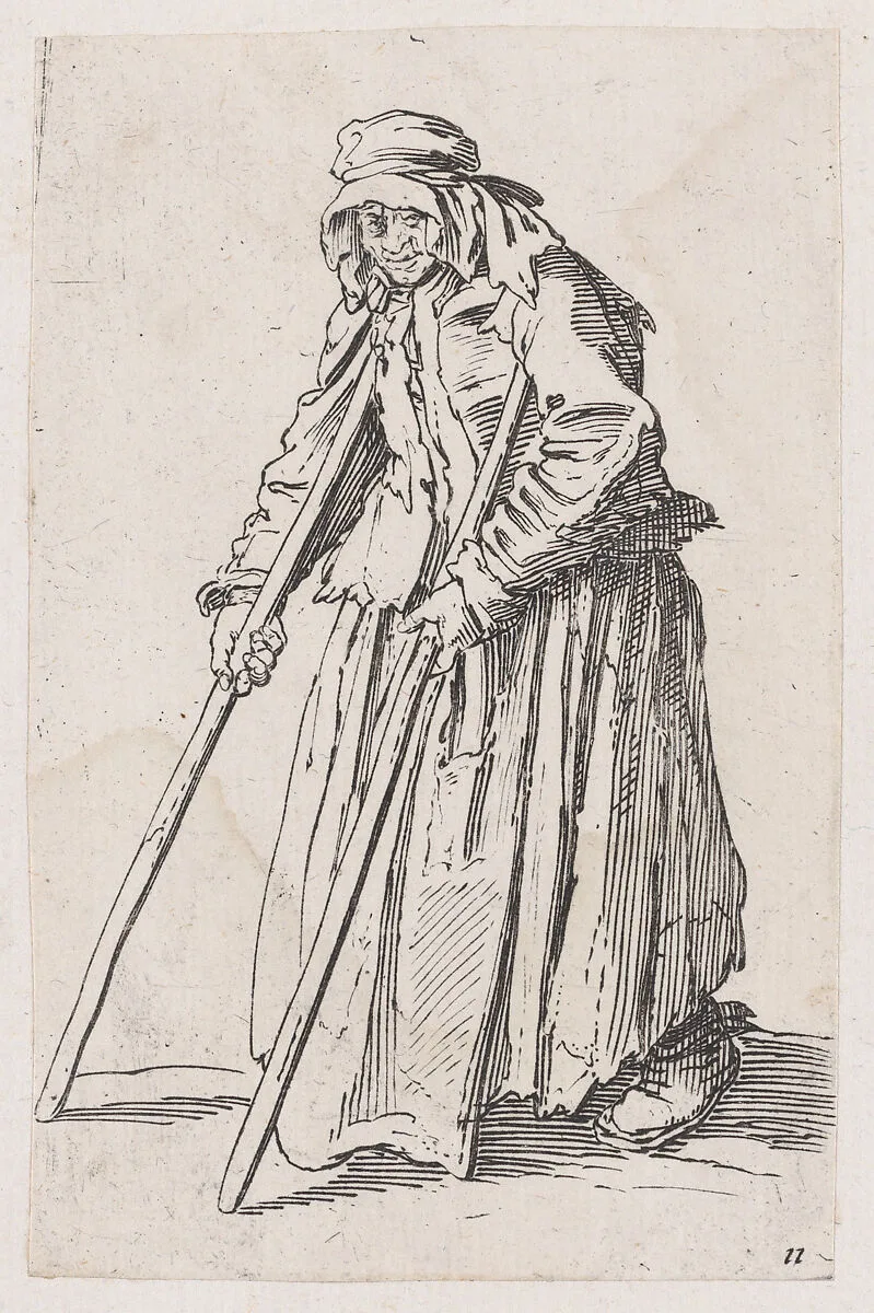 Reverse Copy of La Mendainte aux Béquilles (The Female Beggar with Crutches), from Les Gueux suite appelée aussi Les Mendiants, Les Baroni, ou Les Barons (The Beggars, also called the Barons) — Jacques Callot|Anonymous