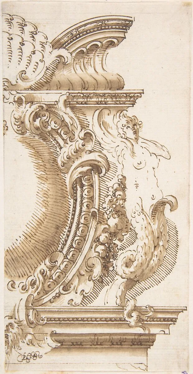 Architectural Design with a Cartouche Flanked by a Siren — Anonymous, Italian, Bolognese 18th century artist