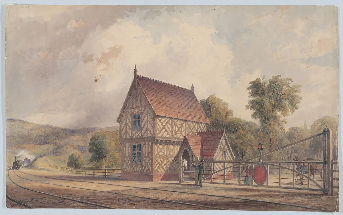 Tudor Style Rural Train Station and Railroad Crossing — John Connell Ogle