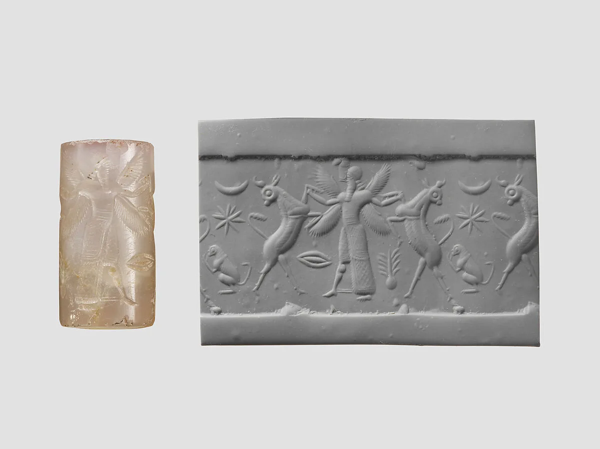 Cylinder seal with three-figure contest scene — Unknown